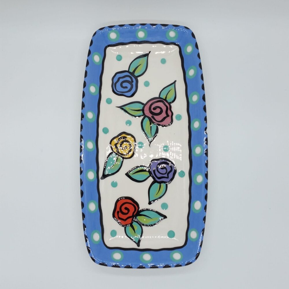 Chris Bubany Hand-Painted Art Pottery Ceramic Floral Platter Tray 10"